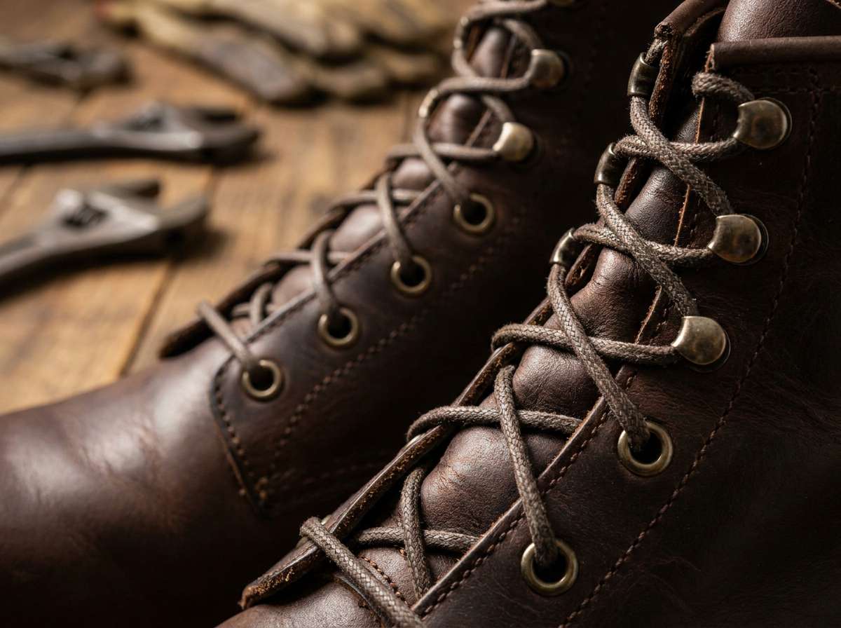 work boot eyelets, The image shows metal work boot eyelets and hooks along the lacing area of brown leather boots.